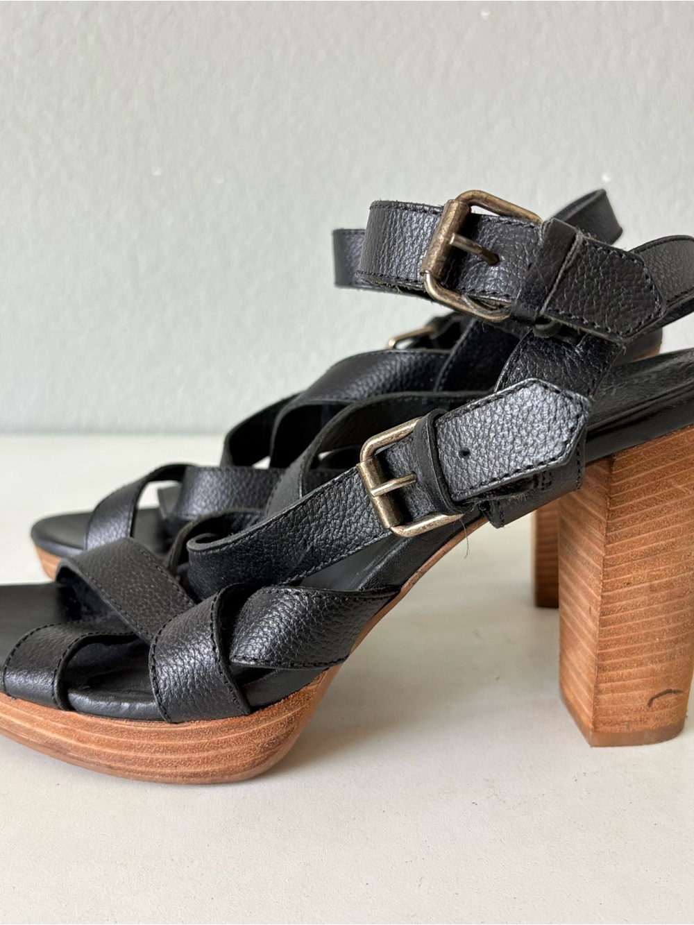 Madewell Black Leather Ankle Strap Platform Wood High Heels Sandals Womens Sz 10